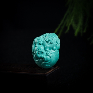 高瓷蓝绿绿松石财神送福吊坠