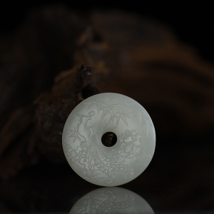 山料和田白玉凤穿牡丹平安扣吊坠