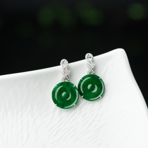 18K糯种翠绿翡翠平安扣耳钉