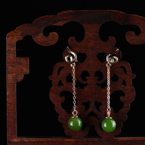 银镶和田碧玉圆珠耳坠