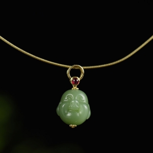 18k金镶山料和田碧玉弥勒佛项链
