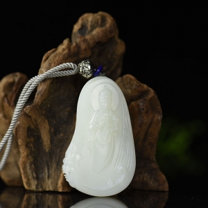 山流水料和田羊脂白玉降龙观音吊坠