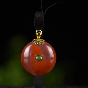 18k金镶冰飘柿子红南红平安扣吊坠