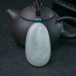 山流水料和田羊脂白玉观音吊坠