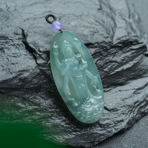 糯冰种飘花翡翠千手观音吊坠