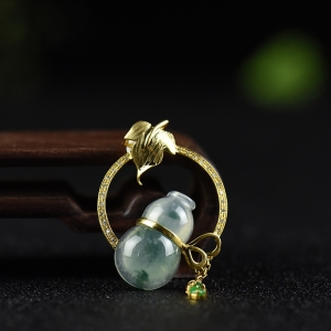 18k镶钻糯冰种飘花翡翠福禄吊坠