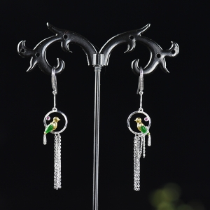 18k镶钻冰种阳绿翡翠小鸟耳坠