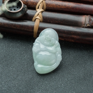 糯冰种浅绿翡翠弥勒佛吊坠