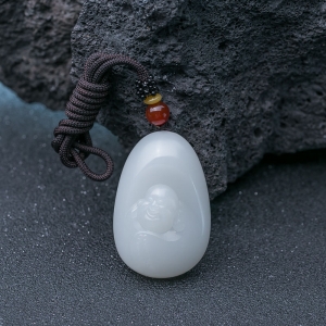 山流水料和田羊脂白玉弥勒佛吊坠