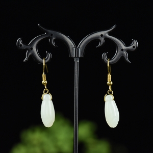 银镶籽料和田白玉玉兰花耳坠