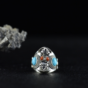 银镶柿子红南红金刚杵戒指