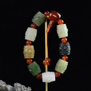 山料和田玉仿古纹多宝单圈手串