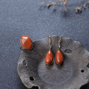 18K柿子红南红戒指耳坠套装