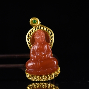 18k金镶樱桃红南红弥勒佛吊坠