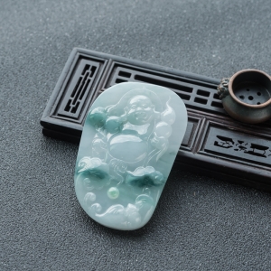 糯冰种飘花翡翠弥勒佛吊坠