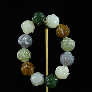 山料和田玉莲花多宝单圈手串