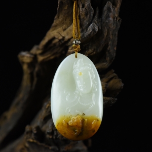山流水料和田羊脂白玉观音吊坠