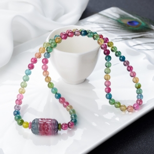 多色碧玺桶珠吊坠