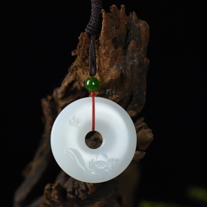 山流水料和田羊脂白玉幽莲平安扣吊坠