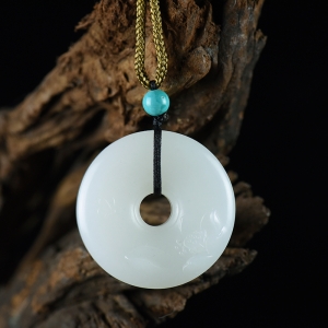 山流水料和田羊脂白玉幽莲平安扣吊坠