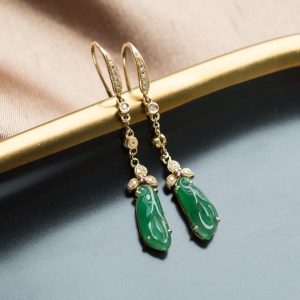 18K糯冰种翠绿翡翠百年好合耳坠