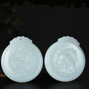 山流水料和田羊脂白玉龙凤吊坠