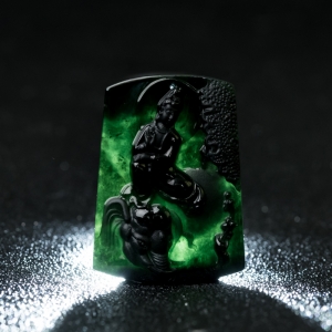 糯冰种墨翠普贤菩萨吊坠