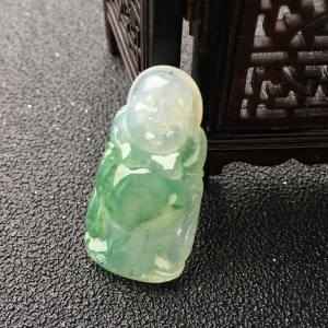 糯冰种飘翠翡翠弥勒佛吊坠