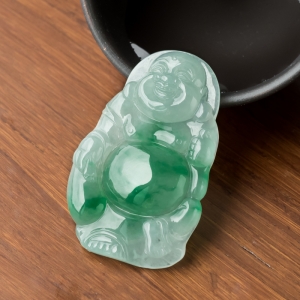糯冰种飘翠翡翠弥勒佛吊坠