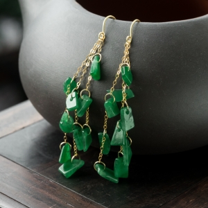 18K糯冰种翠绿翡翠耳坠