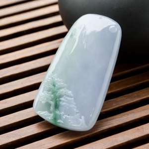 糯冰种春带彩翡翠山水意境吊坠