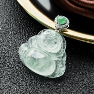 18K冰种淡晴水翡翠弥勒佛吊坠