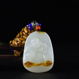 俏色籽料和田白玉弥勒佛吊坠