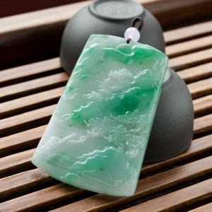 糯冰种飘翠翡翠山水意境吊坠