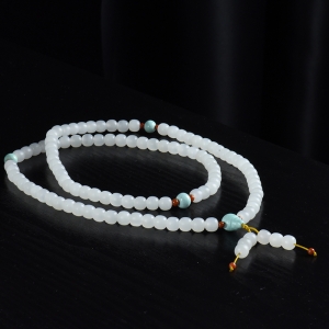 山料和田羊脂白玉老形珠108佛珠