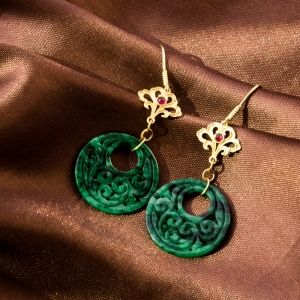 18K花青种翡翠缠枝纹耳坠