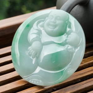 糯种飘翠翡翠弥勒佛吊坠