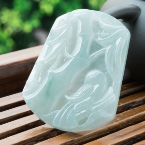 糯冰种飘翠翡翠竹报平安吊坠