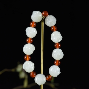 山料和田羊脂白玉弥勒佛单圈手串