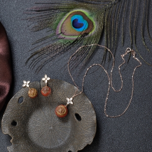 18K俏色南红牡丹花吊坠/耳坠套装