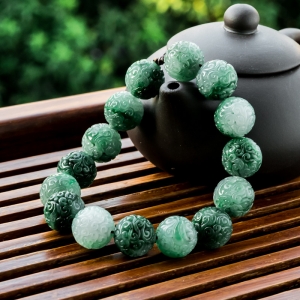 14mm糯冰种深绿翡翠缠枝纹单圈手串