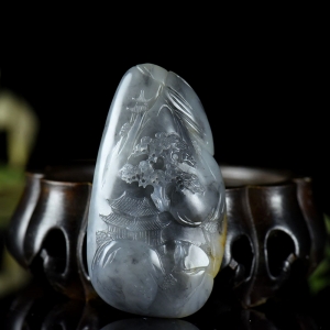 籽料和田玉青花山水手把件