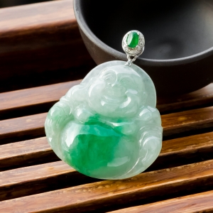 18K糯冰种飘翠翡翠弥勒佛吊坠