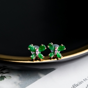 18K糯冰种翠绿翡翠蝴蝶耳钉