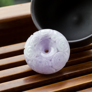 糯冰种紫罗兰翡翠缠枝纹平安扣吊坠