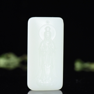 山流水料和田羊脂白玉观音吊坠