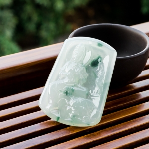 糯冰种飘花翡翠普贤菩萨吊坠