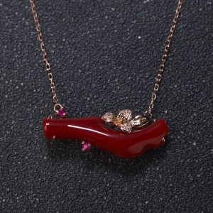 18K阿卡牛血红珊瑚树枝项链