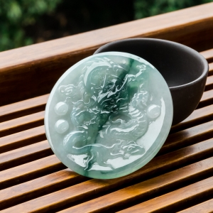 糯冰种飘花翡翠飞龙在天吊坠