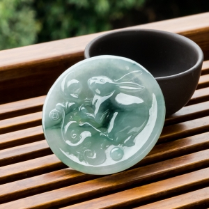 糯冰种飘花翡翠兔子吊坠